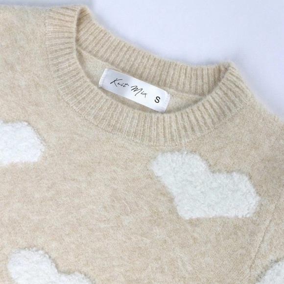 Cream/Tan and White Heart Design Knit Short Sleeve Sweater Size L - Picture 15 of 15